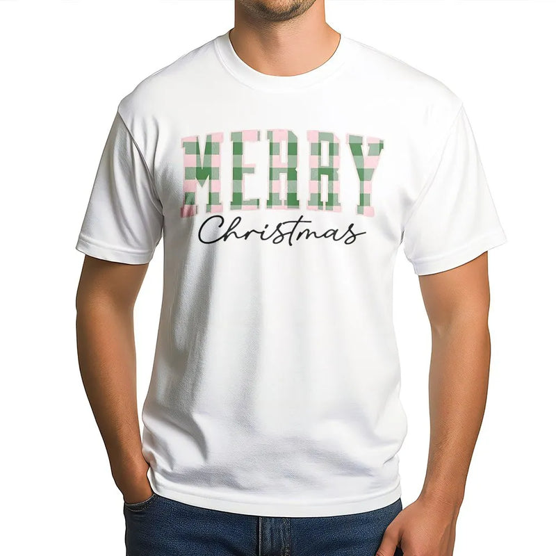 Pastel Buffalo Plaid Holiday Graphic Tee, Merry Christmas T-Shirt, Festive Winter Aesthetic Shirt, Adorable Family Xmas T-Shirt Present for Women