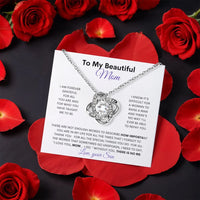 Message Card Necklace, Love Knot Necklace for Mom from Son, White Gold Finish Necklace, Christmas Mom Jewelry, Birthday Present for Her