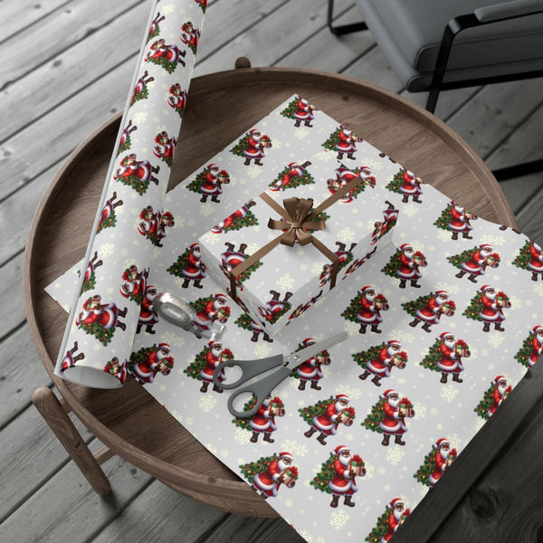African American Santa Gift Wrap, Black Santa Wrapping Paper, Christmas Tree Snowflakes Wrapping Paper, Festive Holiday Gift 