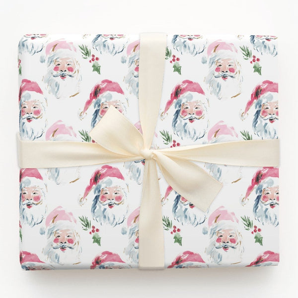 Adorable Christmas Face Gift Wrap, Watercolor Santa Holly Wrapping Paper, Festive Red Berry Holiday Wrapping Paper, Xmas Pres