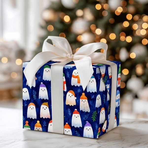 Spooky Christmas Gift Wrap, Adorable Winter Ghost Wrapping Paper, Comfy Beanie Ghost Holiday Wrapping Paper, Whimsical Xmas G