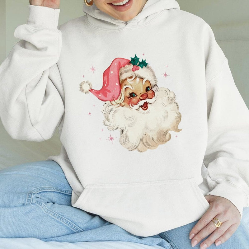 Pink Vintage Christmas Graphic Pullover, Retro Santa Hoodie, Adorable Coquette Holiday Hooded Sweatshirt, Girly Pastel Winter Xmas Present