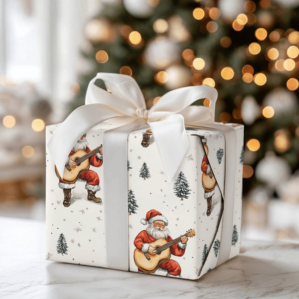 Musical Santa Claus Holiday Gift Wrap, Acoustic Guitar Santa Wrapping Paper, Musician Xmas Wrapping Paper, Festive Christmas 