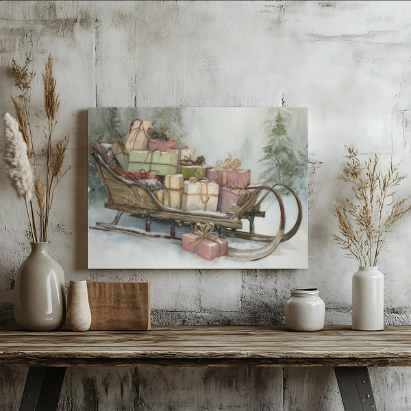 Snowy Forest Holiday Wall Art, Vintage Christmas Sleigh Canvas Print, Festive Winter Sleigh Canvas, Christmas Presents Wall D