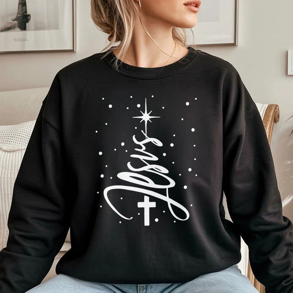 Christian Cross Sweatshirt, Jesus Christmas Tree Sweatshirt, Religious Faith Christmas Pullover, Holiday Graphic Sweatshirt, 