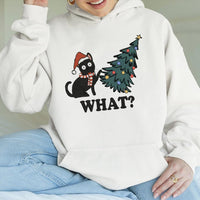 Humorous Cat Tree Graphic Hoodie, Naughty Black Cat Christmas Hoodie, Adorable Xmas Kitten Hoodie, Holiday Pullover Sweatshirt, Cat Lover Present