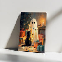Spooky Ghost and Cat Holiday Print, Ghost and Black Cat Christmas Canvas Art, Gothic Christmas Ghost Wall Art, Digital Download Printable