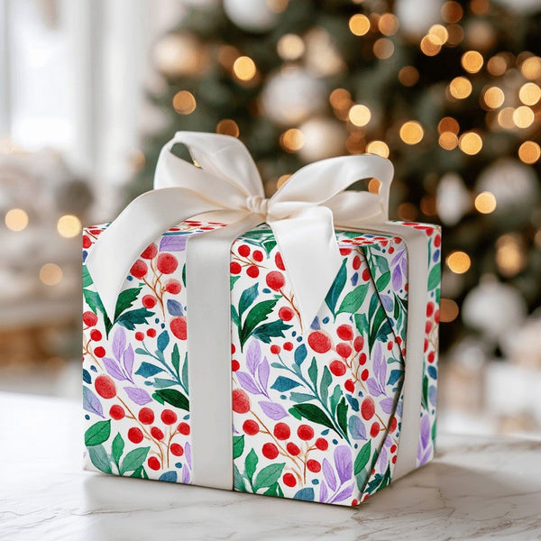 Red Berries Green Leaves Gift Wrap, Watercolor Botanical Wrapping Paper, Elegant Christmas Floral Wrapping Paper