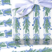 Blue Bows Christmas Gift Wrap, Watercolor Pine Garland Wrapping Paper, Elegant Botanical Holiday Wrapping Paper, Luxury Winter Present Paper