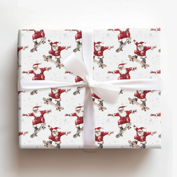 Humorous Skater Christmas Gift Wrap, Skateboarding Santa Wrapping Paper, Watercolor Santa Claus Present Paper, Winter Holiday