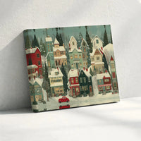 Comfy Winter Snow Village with Vintage Red Car Canvas Print, Christmas Village Wall Art, Holiday Snow Scene Poster, Digital Download