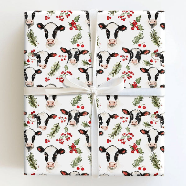 Rustic Farmhouse Holly Gift Wrap, Christmas Cow Wrapping Paper, Winter Cattle Holiday Wrapping Paper, Animal Lover Christmas 