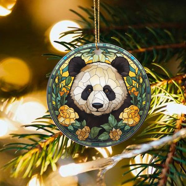 Yellow Floral Bear Christmas Ornament, Stained Glass Panda Ornament, Adorable Animal Glossy Ceramic Ornament, Nature Lover Tr
