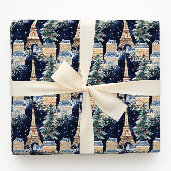 Snowy Eiffel Tower Night Gift Wrap, Christmas in Paris Wrapping Paper, French Cityscape Holiday Gift Wrap, Winter Scene Paper