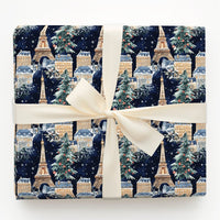 Snowy Eiffel Tower Night Gift Wrap, Christmas in Paris Wrapping Paper, French Cityscape Holiday Gift Wrap, Winter Scene Paper, Travel Present