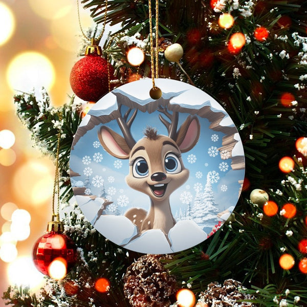 Cartoon Winter Wonderland Ornament, Adorable Reindeer Christmas Ornament, Ceramic Reindeer Tree Ornament, Holiday Reindeer Ke