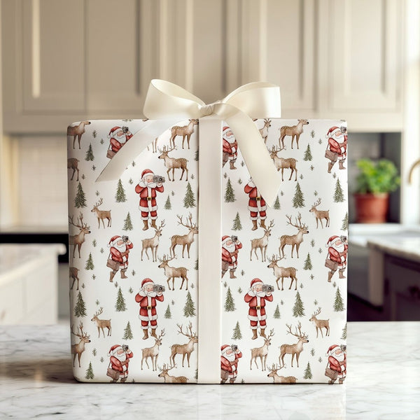Wildlife Reindeer Camera Gift Wrap, Photographer Santa Wrapping Paper, Whimsical Christmas Wrapping Paper, Forest Holiday Gif