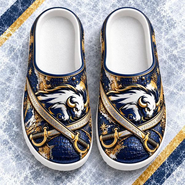 BUF Crest - Navy and Gold Charging Bison Clog Sandals - main