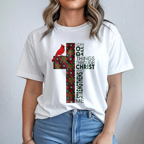 Christian Holiday Faith Shirt, Cardinal Plaid Cross Christmas Shirt, Religious Graphic Tee, Winter Church Apparel, Xmas Shirt