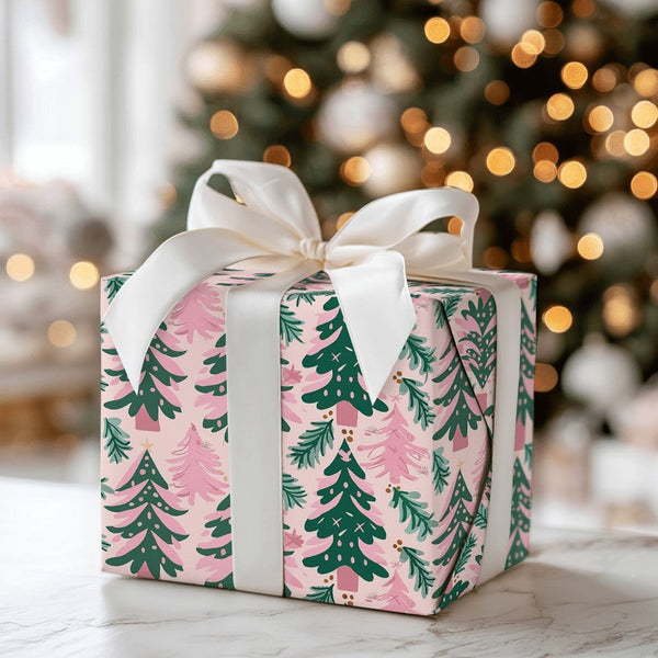 Modern Whimsical Holiday Gift Wrap, Pink and Green Christmas Tree Wrapping Paper, Pine Branch Xmas Wrapping Paper, Festive Pr