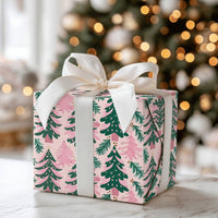 Modern Whimsical Holiday Gift Wrap, Pink and Green Christmas Tree Wrapping Paper, Pine Branch Xmas Wrapping Paper, Festive Present Paper