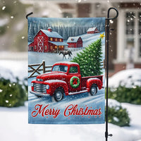 Farmhouse Winter Scene Yard Flag, Merry Christmas Red Truck Garden Flag, Vintage Holiday Garden Flag, Rustic Lawn Banner Decor