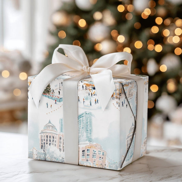 Winter Town Square Gift Wrap, Ice Skating City Wrapping Paper, Festive Christmas Tree Wrapping Paper, Holiday Season Wrapping