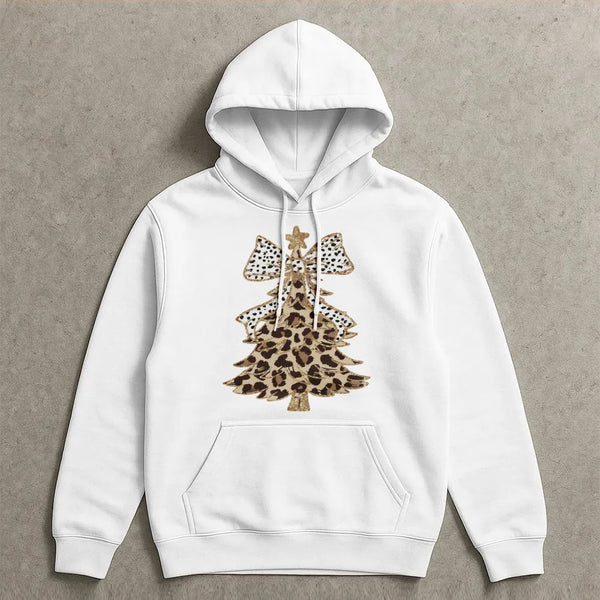 Festive Polka Dot Bow Hooded Sweatshirt, Leopard Print Christmas Tree Hoodie, Adorable Xmas Tree Graphic Pullover, Winter Hol
