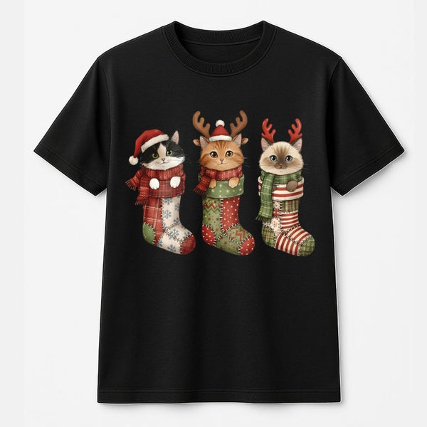 Adorable Kitten Holiday Stocking Shirt, Christmas Cat Stocking T-Shirt, Festive Cat Graphic Tee, Humorous Xmas Kitty Tee, Cat