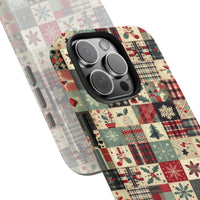 Holiday Quilt Pattern Phone Cover, Vintage Christmas Patchwork iPhone Case, Retro Winter Festive Phone Case, Dual Layer Xmas Present