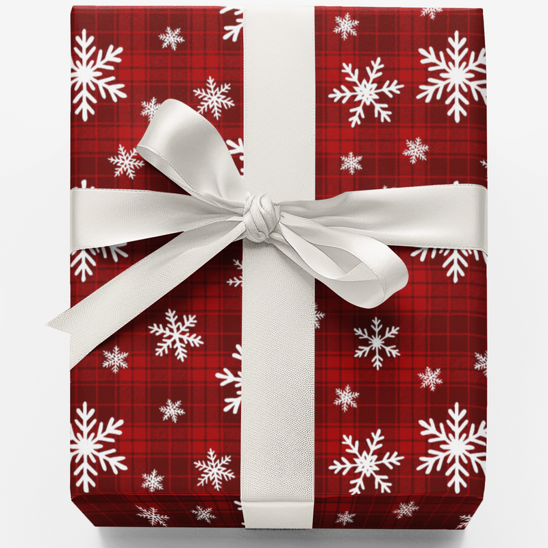 Holiday Plaid Wrapping Paper, Red Plaid Snowfall Christmas Wrapping Paper, Rustic Winter Snow Gift Wrapping Paper, Tartan Present Decor