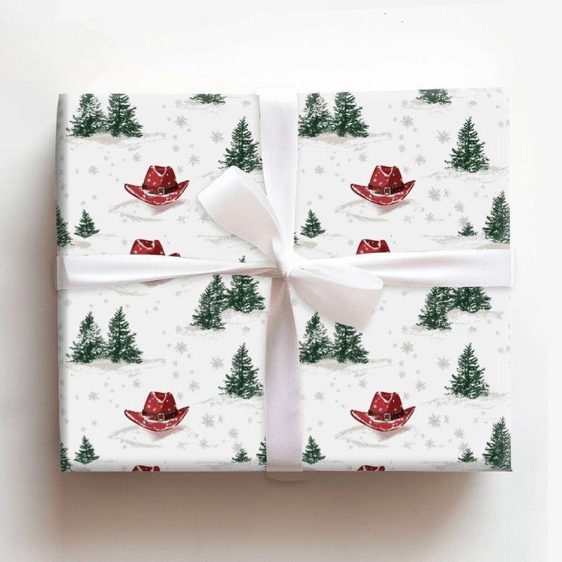 Cowboy Hat Gift Wrap, Western Christmas Wrapping Paper, Rustic Country Xmas Wrapping Paper, Snowy Pine Holiday Paper, Winter Gift Wrap