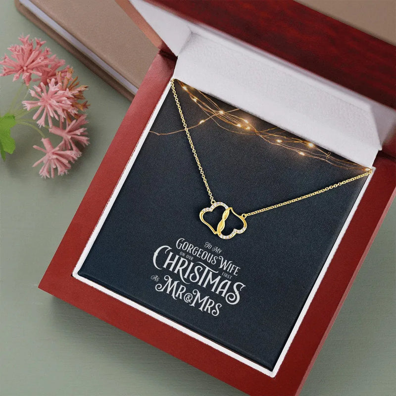 10k Solid Gold Heart Necklace, First Christmas Married Necklace, Interlocking Hearts Diamond Necklace, Romantic Holiday Present for Wife