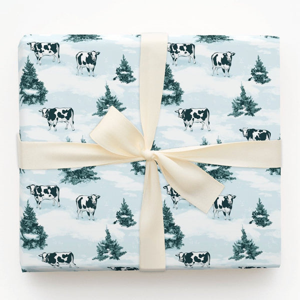 Holstein Cattle Snowy Pine Tree Gift Wrap, Winter Cow Christmas Wrapping Paper, Rustic Farmhouse Present Paper, Country Holid
