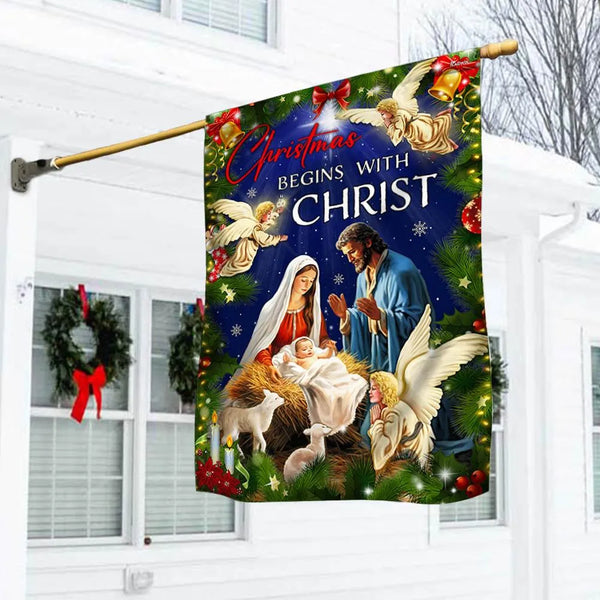 Nativity Scene Holiday Yard Flag, Christmas Begins with Christ Garden Flag, Christian Religious Lawn Flag, Winter Porch Home 