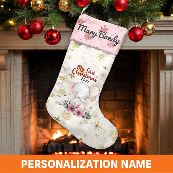 First Christmas 2025 Stocking, Baby Elephant Christmas Stocking, Personalized Baby Holiday Stocking, Adorable Keepsake Stocki
