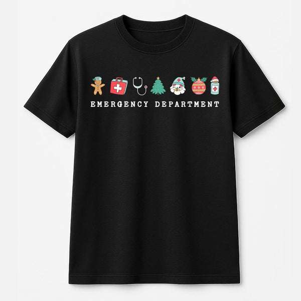 Festive Medical ER Graphic Tee, Emergency Department Christmas T-Shirt, Hospital Staff Nurse Holiday Shirt, Adorable Xmas Doc