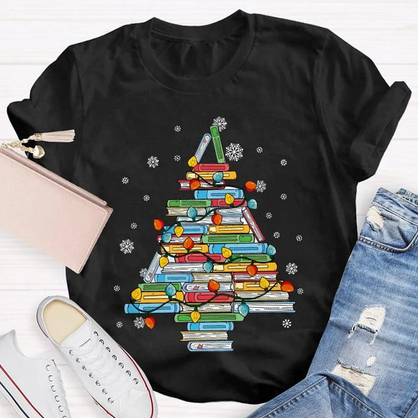 Bookish Holiday T-Shirt, Christmas Tree Books Shirt, Festive Reading Christmas Tee, Winter Book Lover Graphic Shirt, Christma