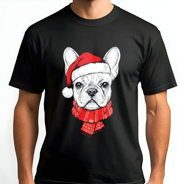 Adorable Santa Hat Frenchie Tee, French Bulldog Christmas Shirt, Holiday Dog Lover Graphic T-Shirt, Christmas Pet Shirt, Dog 