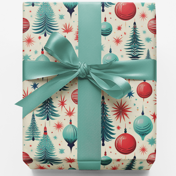 Retro Holiday Tree Wrapping Paper, Mid Century Modern Christmas Wrapping Paper, Vintage Ornament Gift Wrap, Xmas Holiday Wrap