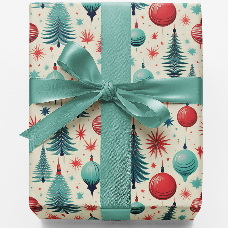 Retro Holiday Tree Wrapping Paper, Mid Century Modern Christmas Wrapping Paper, Vintage Ornament Gift Wrap, Xmas Holiday Wrapping Paper