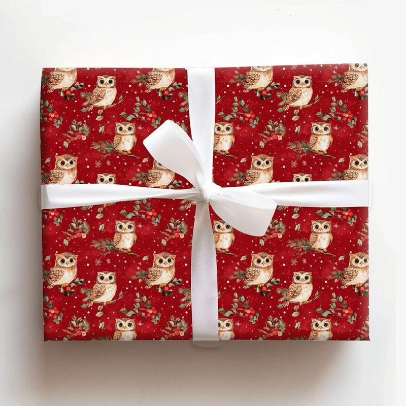 Woodland Bird Gift Wrap, Christmas Owl Wrapping Paper, Red Holiday Wrapping Paper, Pine Holly Berry Gift Wrap, Winter Wrapping Paper Roll