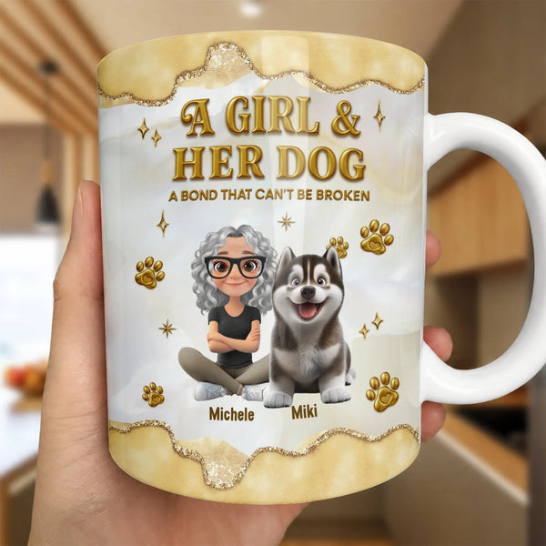 Custom Girl and Husky Dog Mug, Dog Mom Personalized Ceramic Mug, Personalized Pet Name Coffee Cup, Christmas Holiday Dog Love