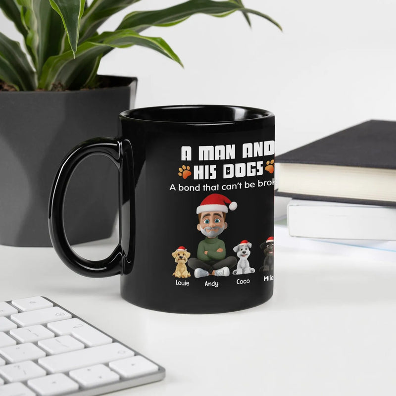 Cartoon Man and Dogs Santa Hats Coffee Mug, Custom Dog Dad Christmas Mug, Personalized Holiday Pet Cup, Christmas Present for Dog Lovers