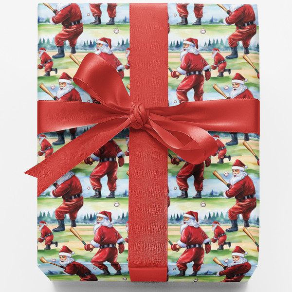 Holiday Sports Wrapping Paper, Baseball Santa Christmas Gift Wrap Paper, Santa Claus Present Paper Roll, Festive Xmas Present