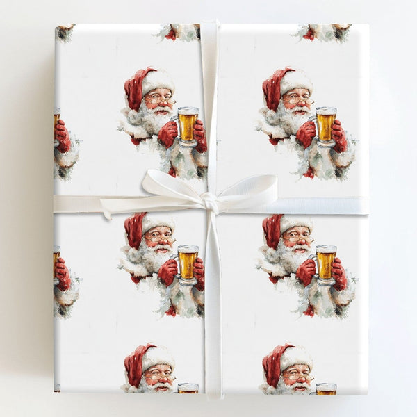 Humorous Beer Mug Holiday Gift Wrap, Beer Drinking Santa Wrapping Paper, Watercolor Santa Beer Wrapping Paper, Adult Christma