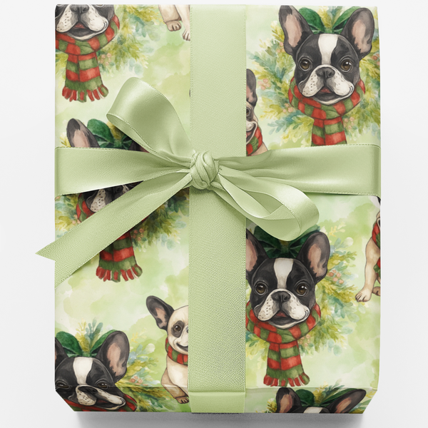 Scarf Dog Holiday Gift Wrap, French Bulldog Christmas Wrapping Paper, Frenchie Wrapping Paper, Pet Lover Gift Wrap Roll