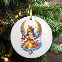Adorable Angel Tree Ornament, Chibi Christmas Angel Ceramic Ornament, Golden Wings Angel Holiday Ornament, Ceramic Christmas Tree Decor Present