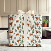 Rustic Western Christmas Gift Wrap, Longhorn Cattle Wrapping Paper, Farmhouse Pine Tree Wrapping Paper, Cow Lover Holiday Gift Wrap