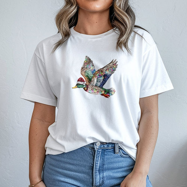 Faux Rhinestone Bird Graphic Tee, Mallard Duck Christmas Shirt, Holiday Mallard Duck T-Shirt, Duck Hunting Bird Lover Graphic
